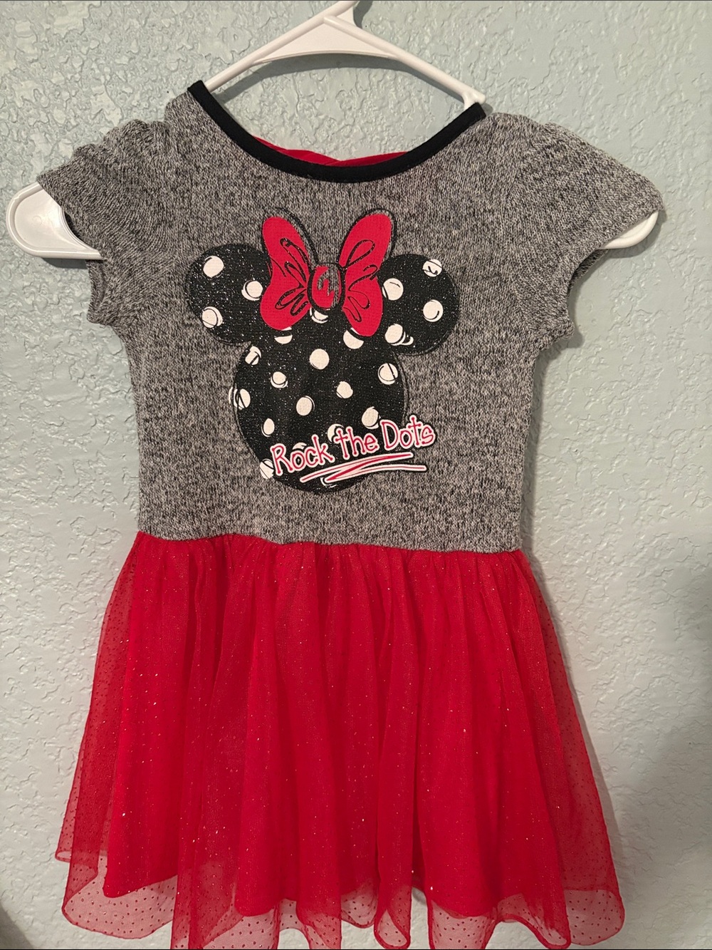 Disney Minnie Mouse Girls' Red and Gray Polka Dot Tulle Dress-Rock the Dots 4/5